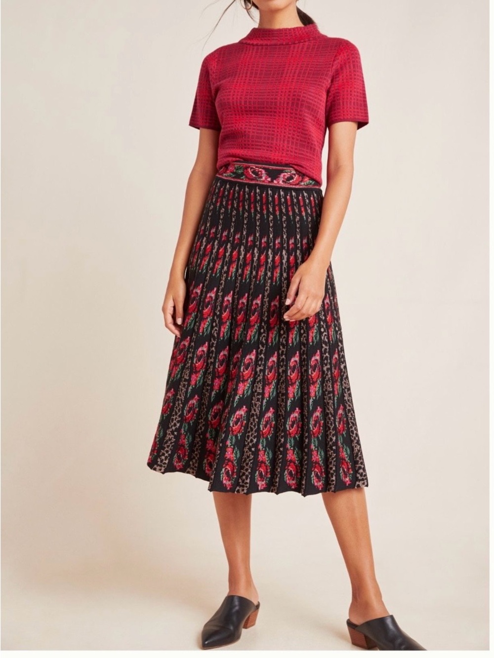 Cecilia Prado Anthropologie Roselle- SZ M- Black Red Pleated Midi Sweater Skirt